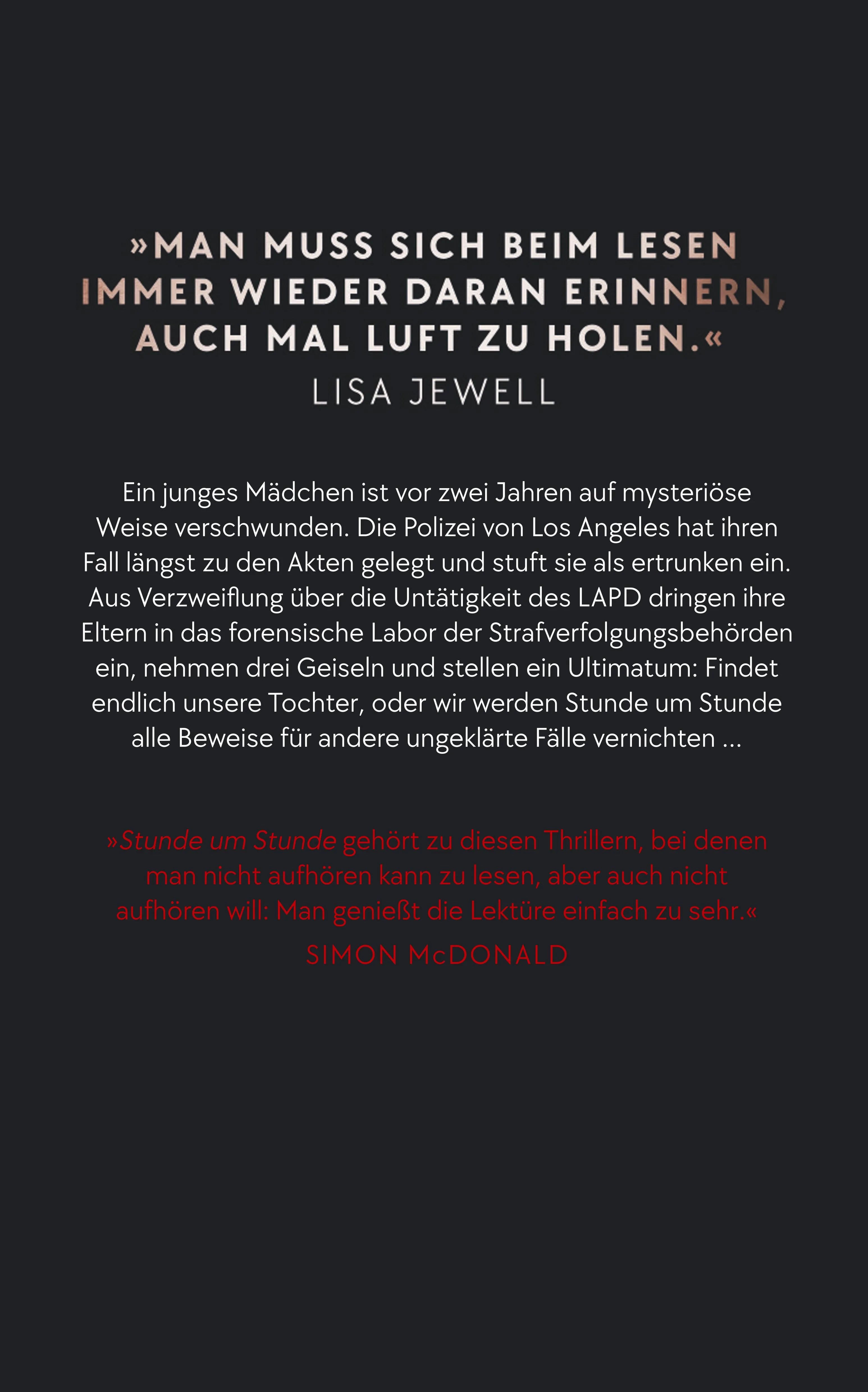 Buchrückseite von 'Stunde um Stunde' mit Klappentext - Paperback