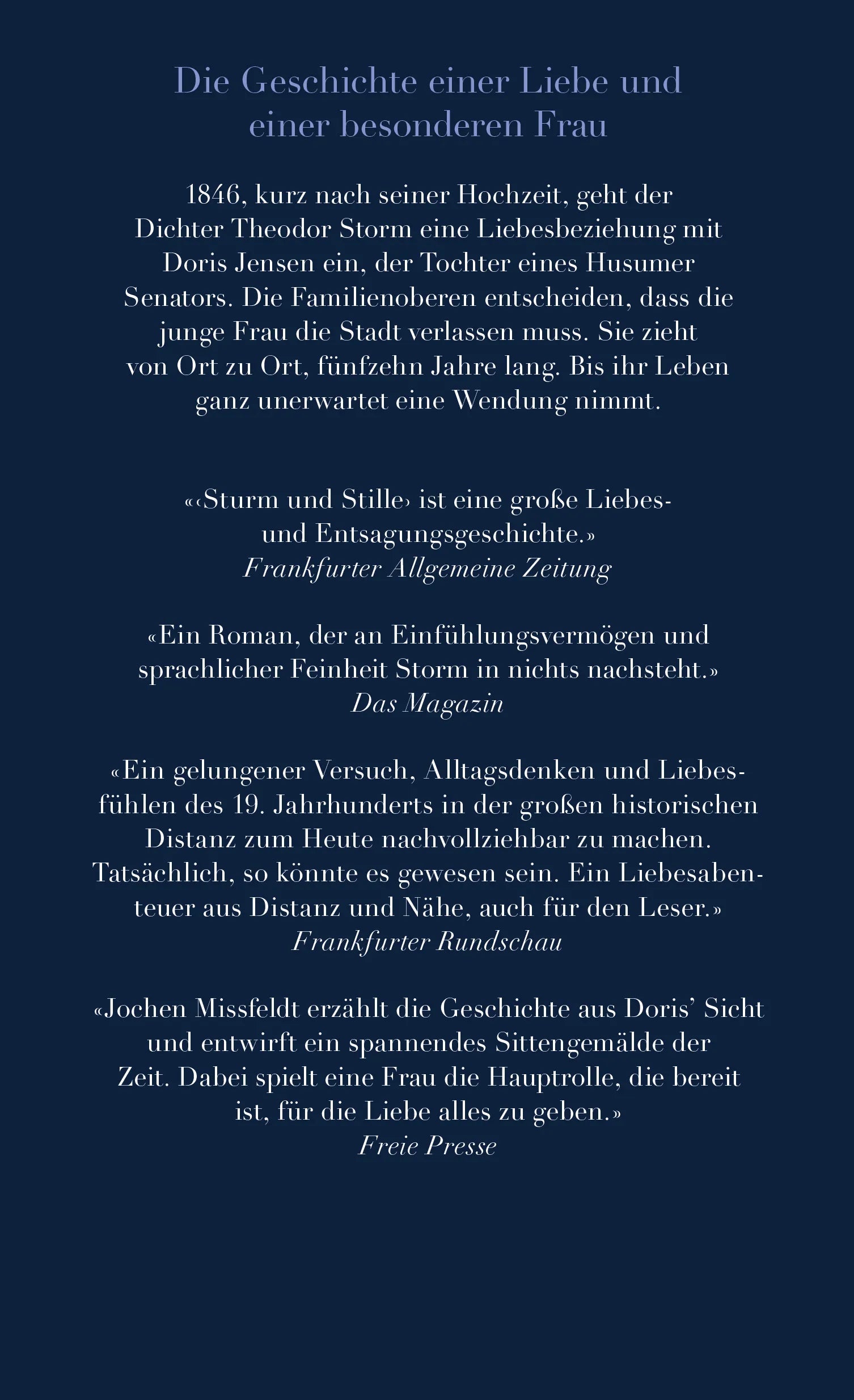 Buchrückseite von 'Sturm und Stille' mit Klappentext - Gebundene Ausgabe