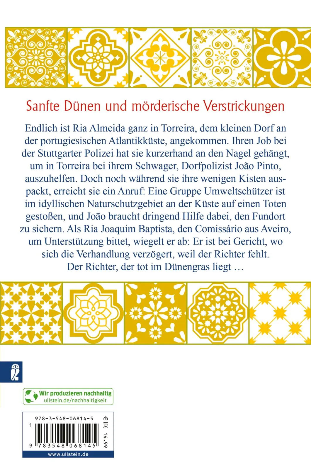 Buchrückseite von 'Südlich von Porto wartet die Schuld' mit Klappentext - Paperback