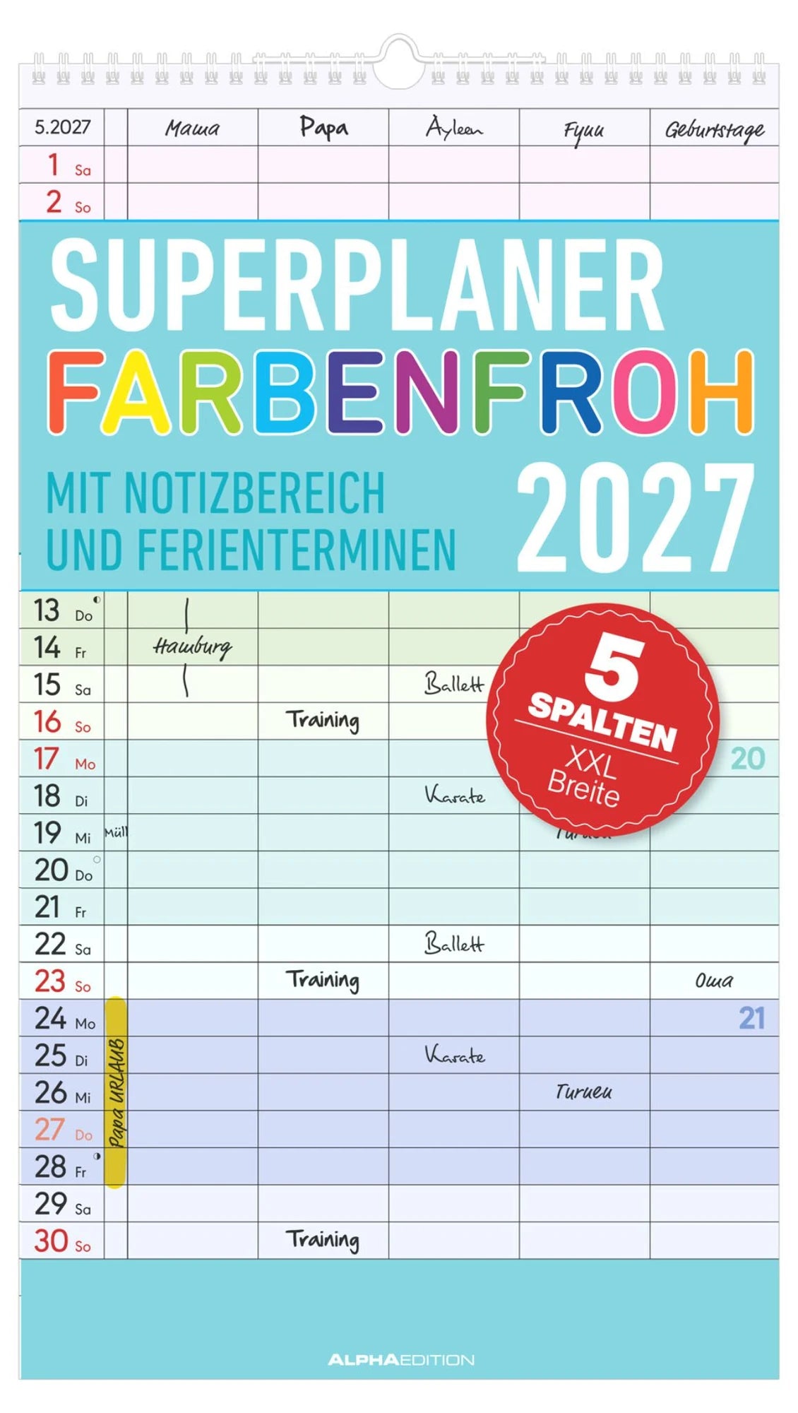 Familienplaner: Superplaner Farbenfroh - 5 Spalten 2027