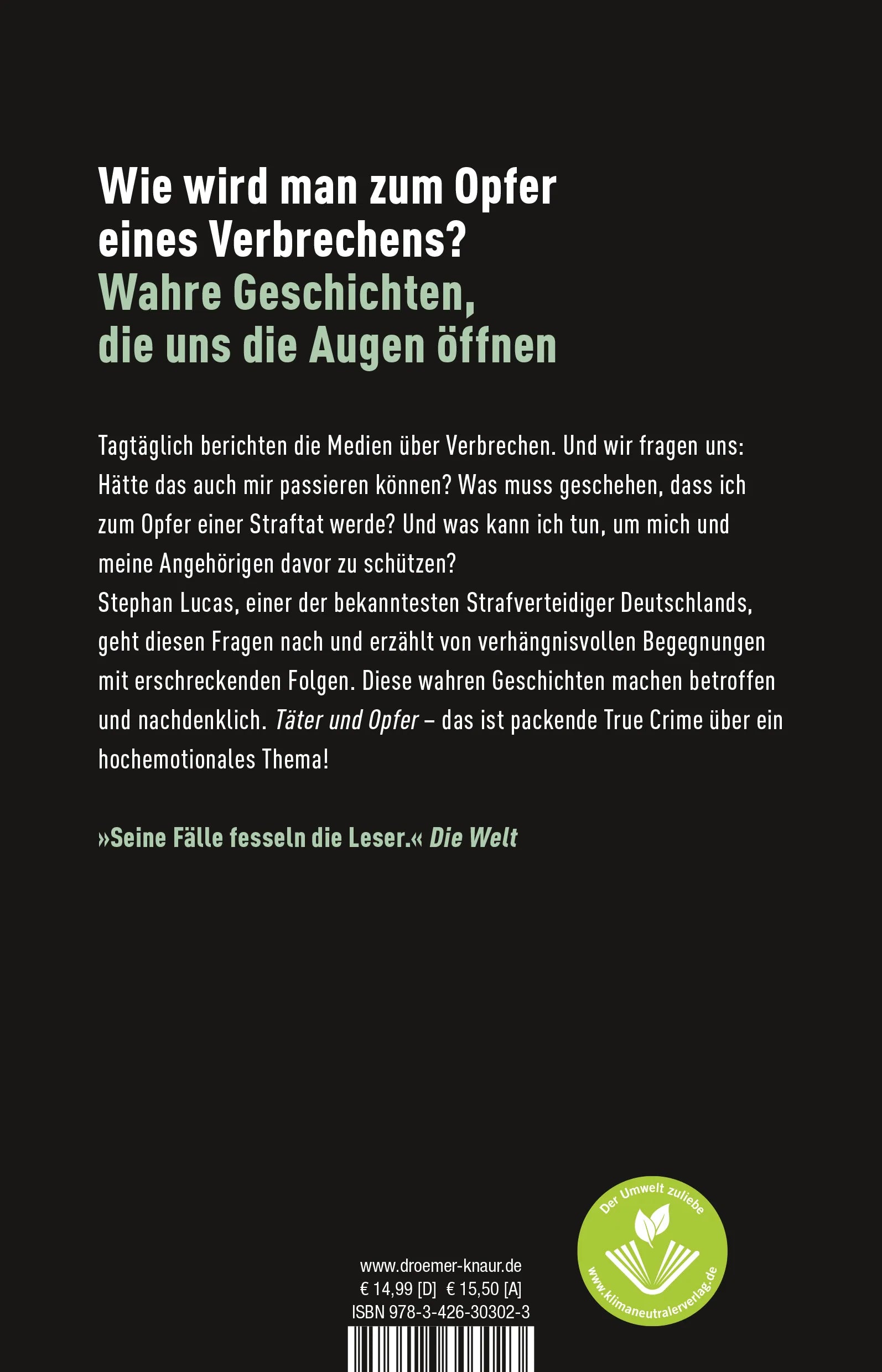 Buchrückseite von 'Täter und Opfer' mit Klappentext - Paperback