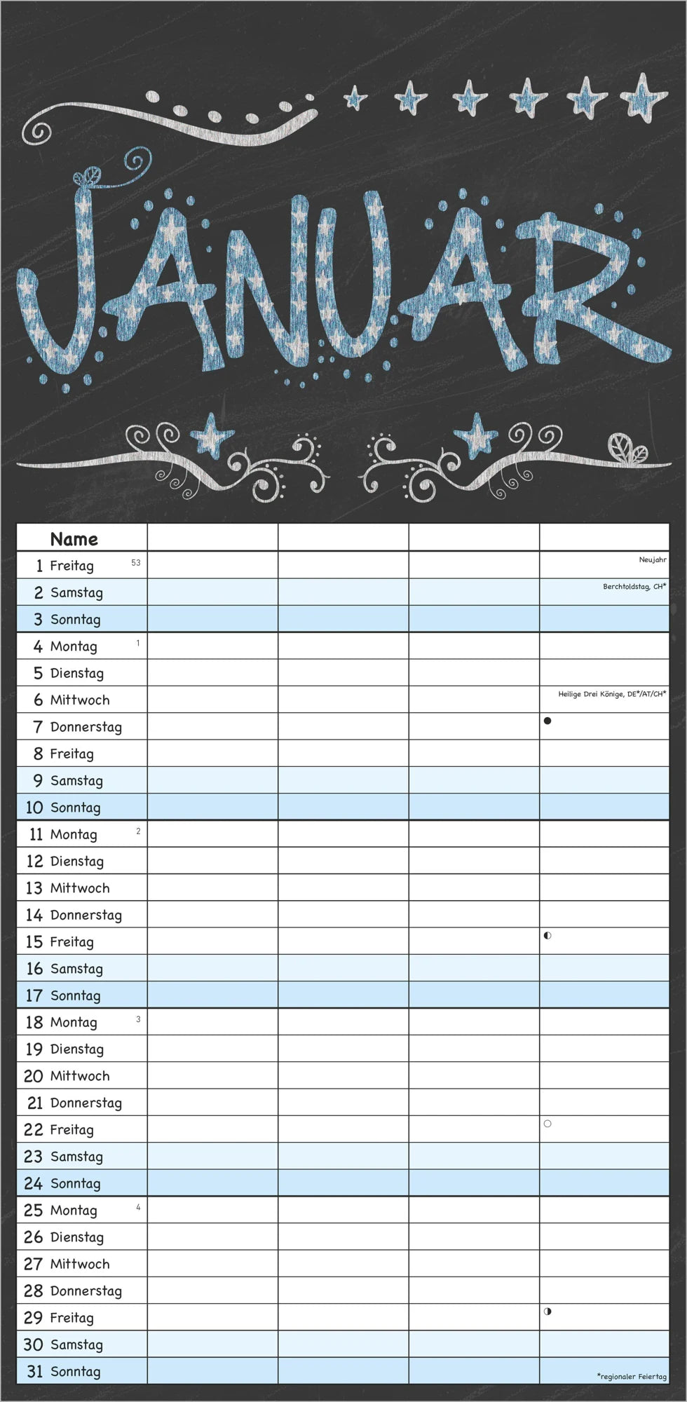Tafel Timer - 4 Spalten 2027 – Ansicht