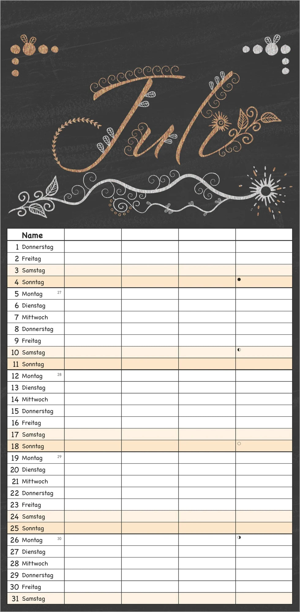 Tafel Timer - 4 Spalten 2027 – Ansicht