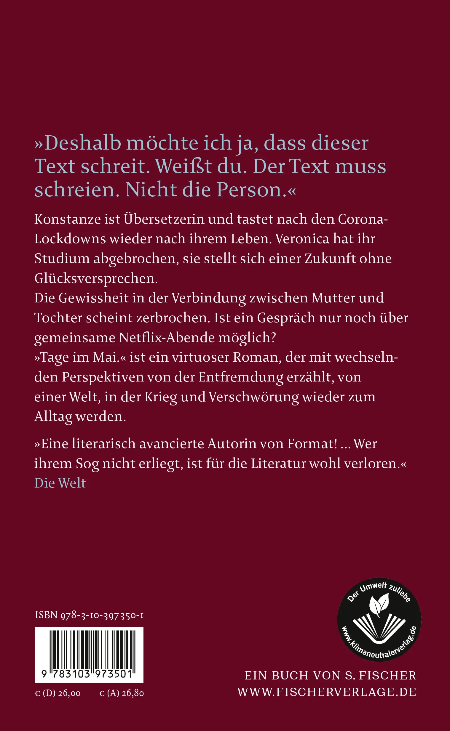 Buchrückseite von 'Tage im Mai.' mit Klappentext - Gebundene Ausgabe