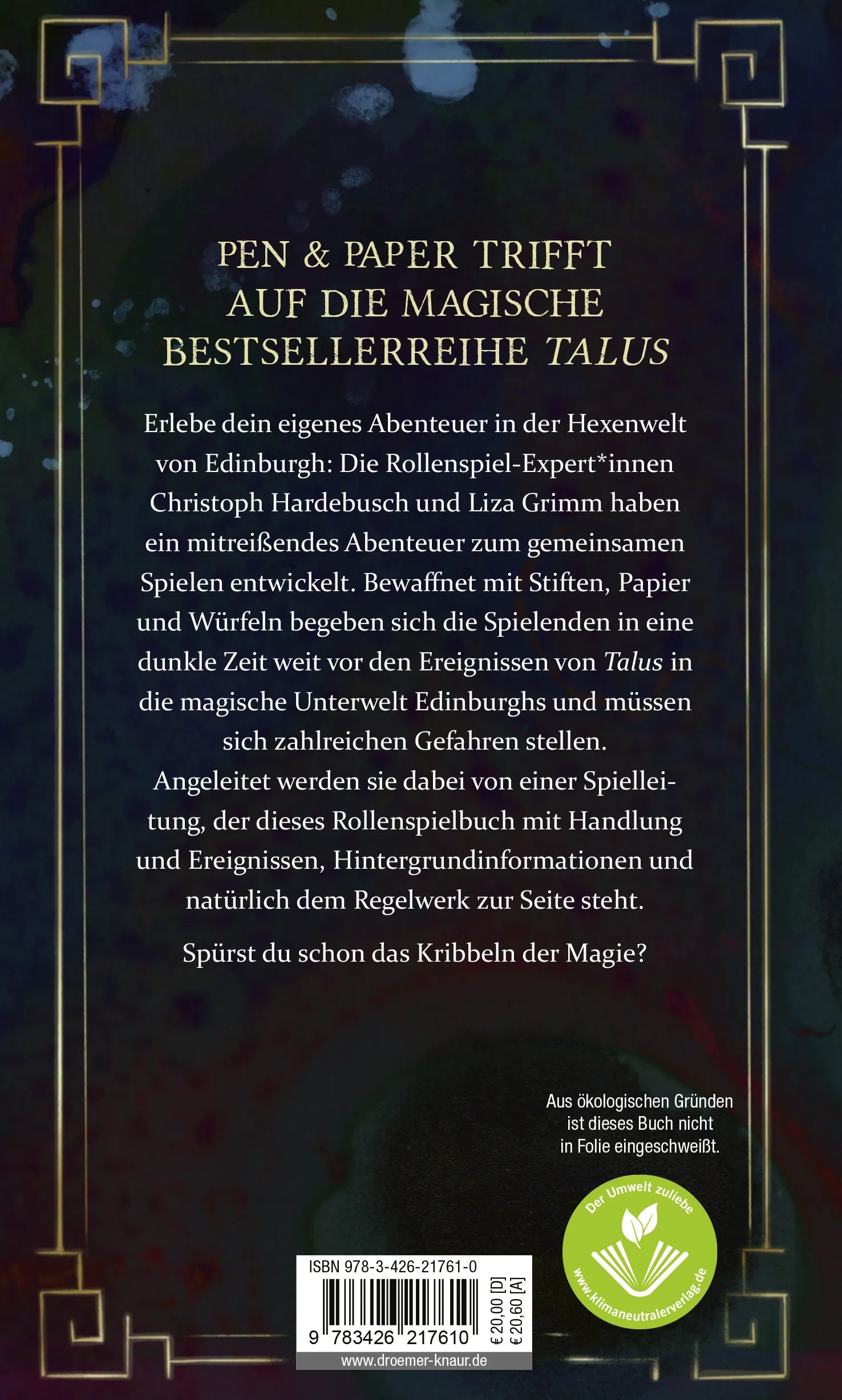Buchrückseite von 'Talus - Pen & Paper in der magischen Welt von Talus' mit Klappentext - Gebundene Ausgabe