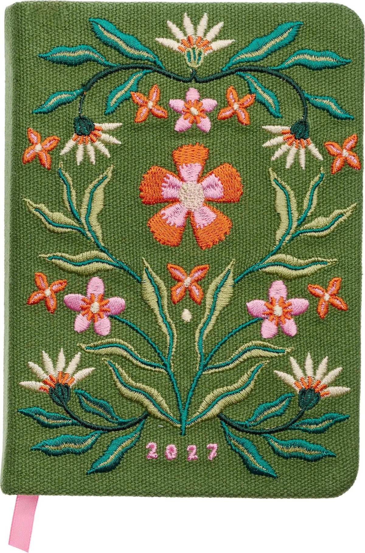 Taschenkalender: Taschenkalender A6 2027: Blütenmotiv, bestickt, grün