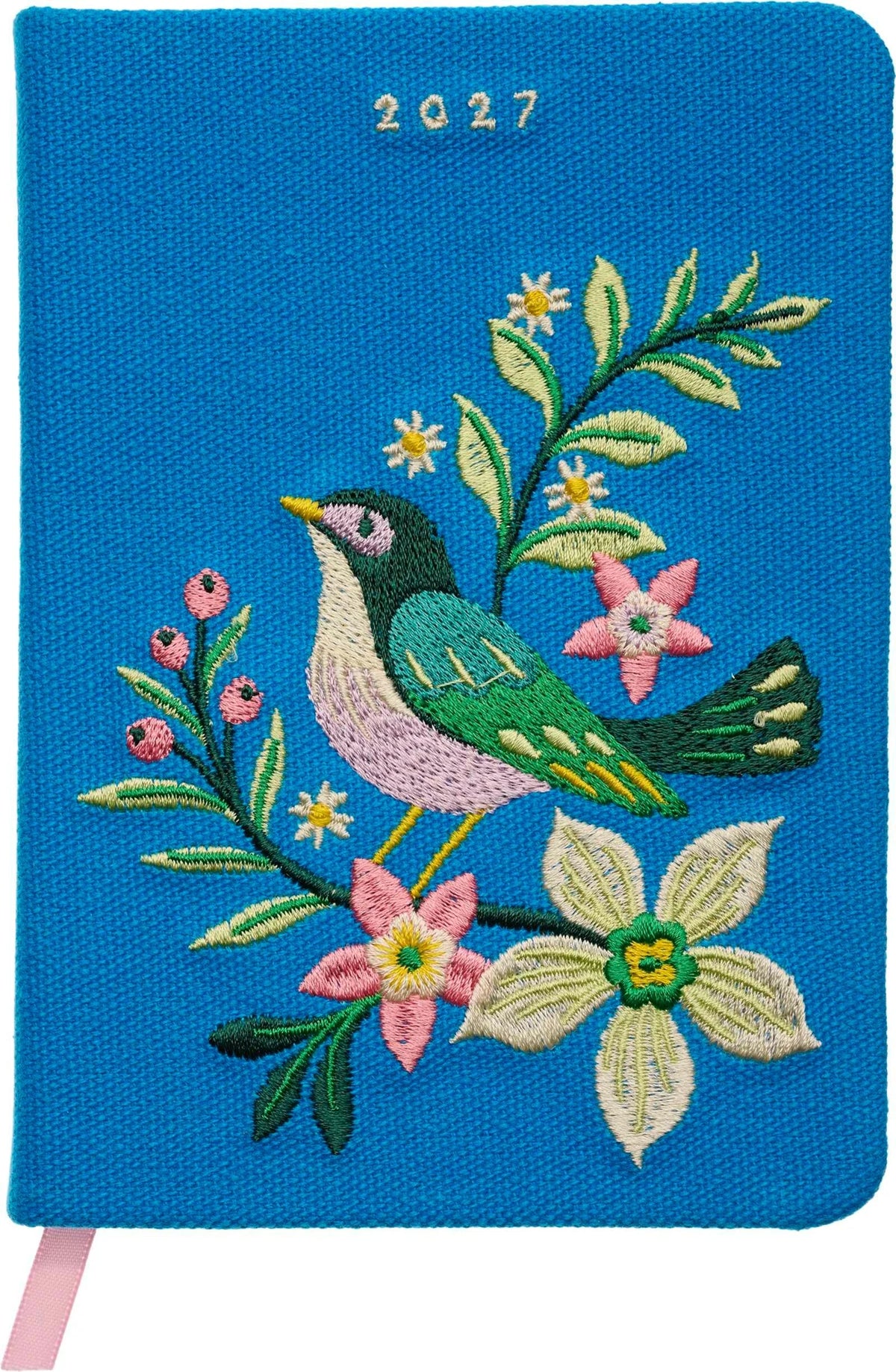 Taschenkalender: Taschenkalender A6 2027: Vogel und Blüten, bestickt, blau