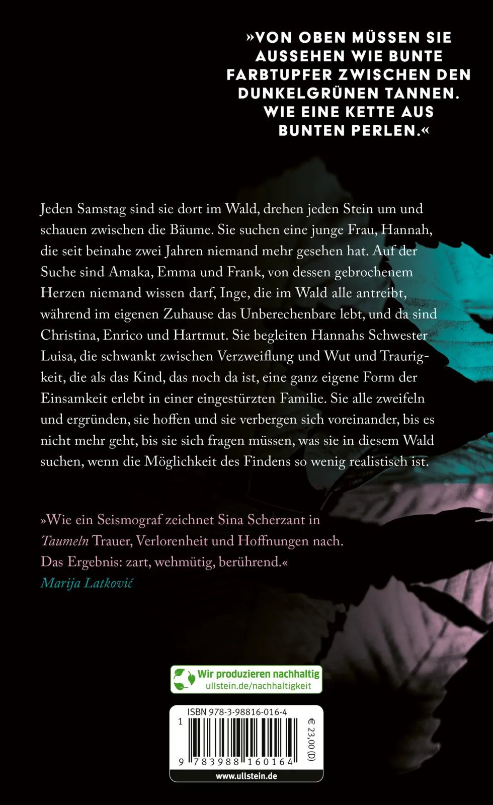Buchrückseite von 'Taumeln' mit Klappentext - Gebundene Ausgabe