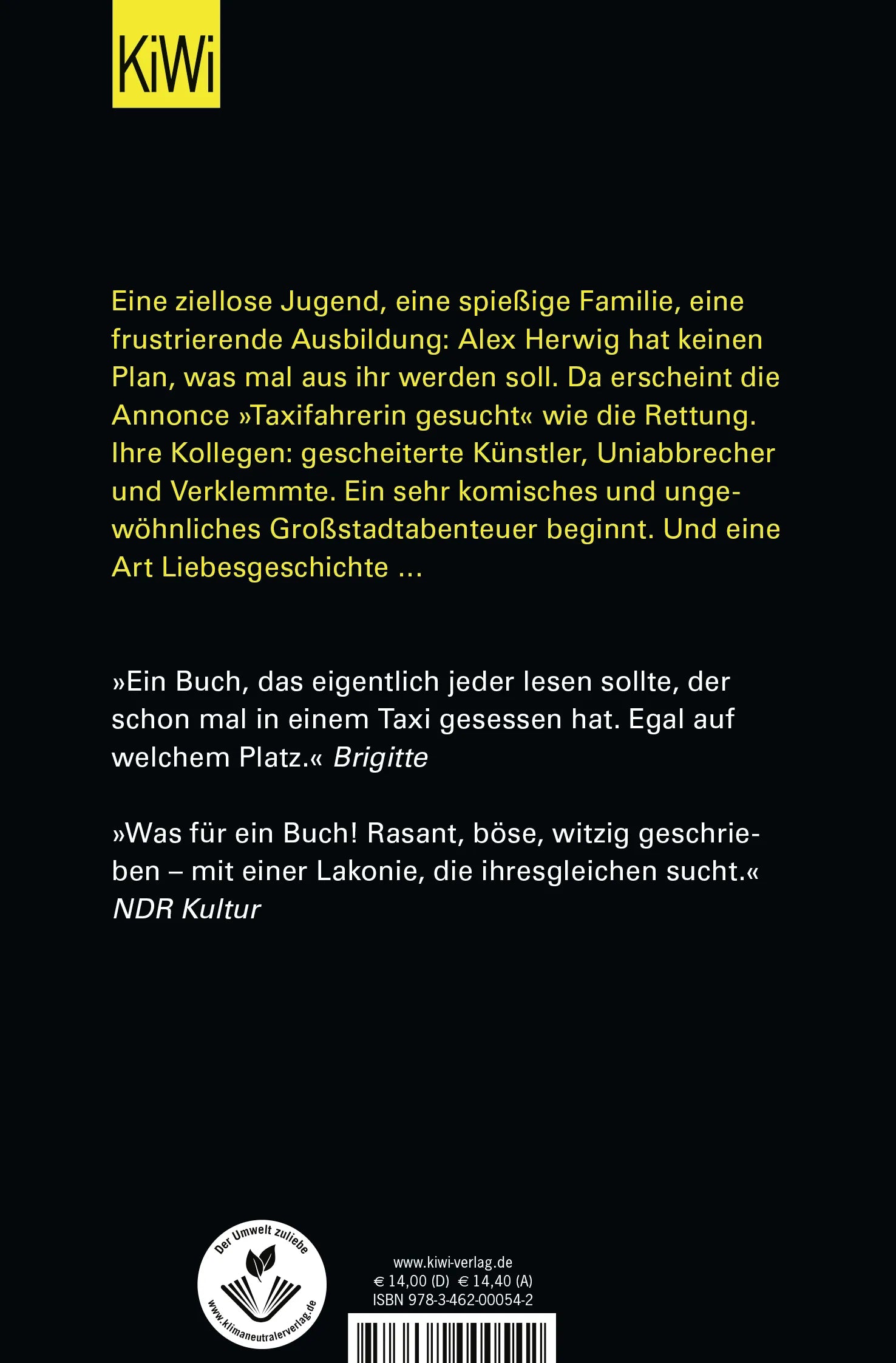 Buchrückseite von 'Taxi' mit Klappentext - Taschenbuch