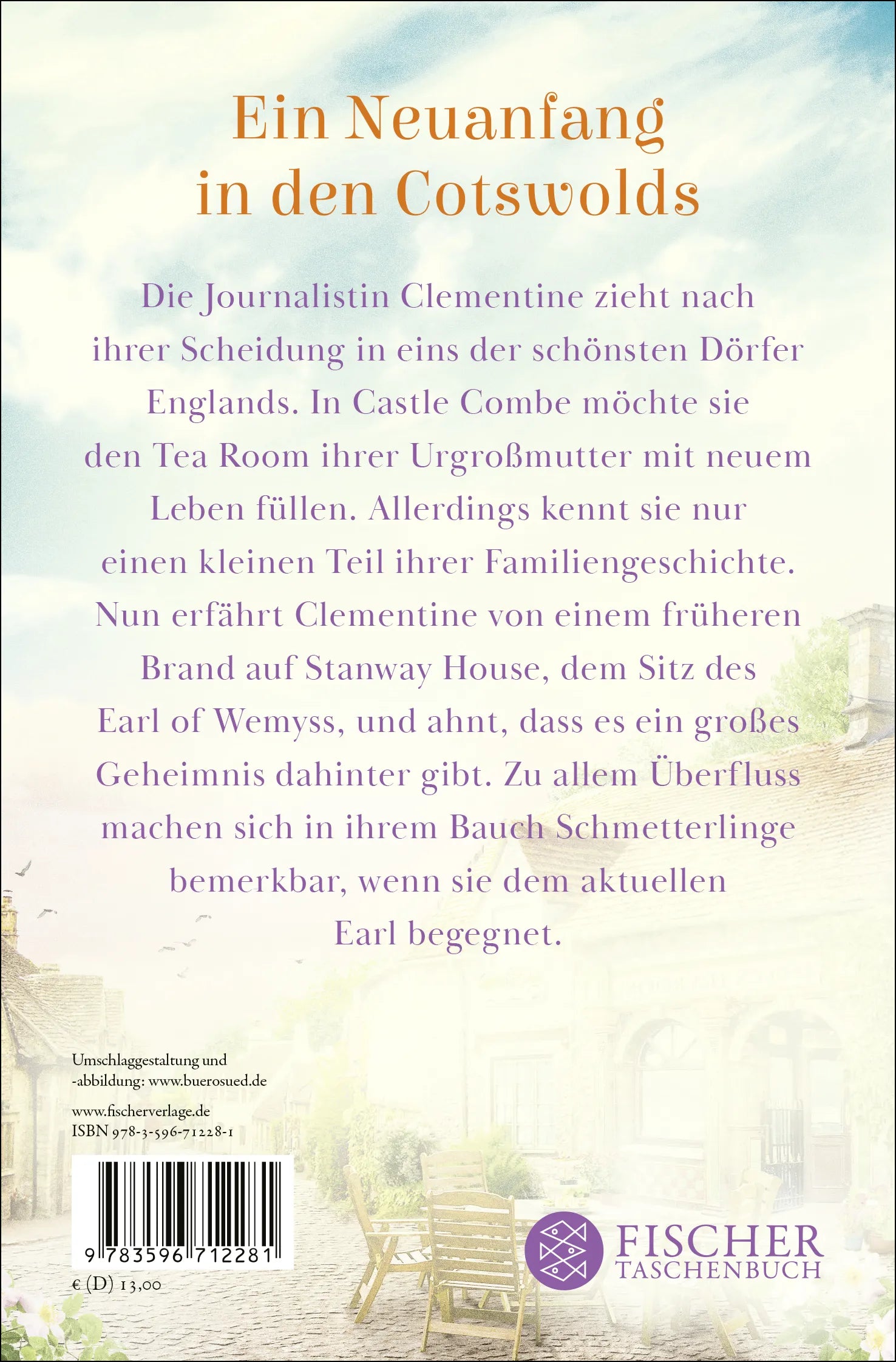 Buchrückseite von 'Tee für zwei in Castle Combe' mit Klappentext - Taschenbuch