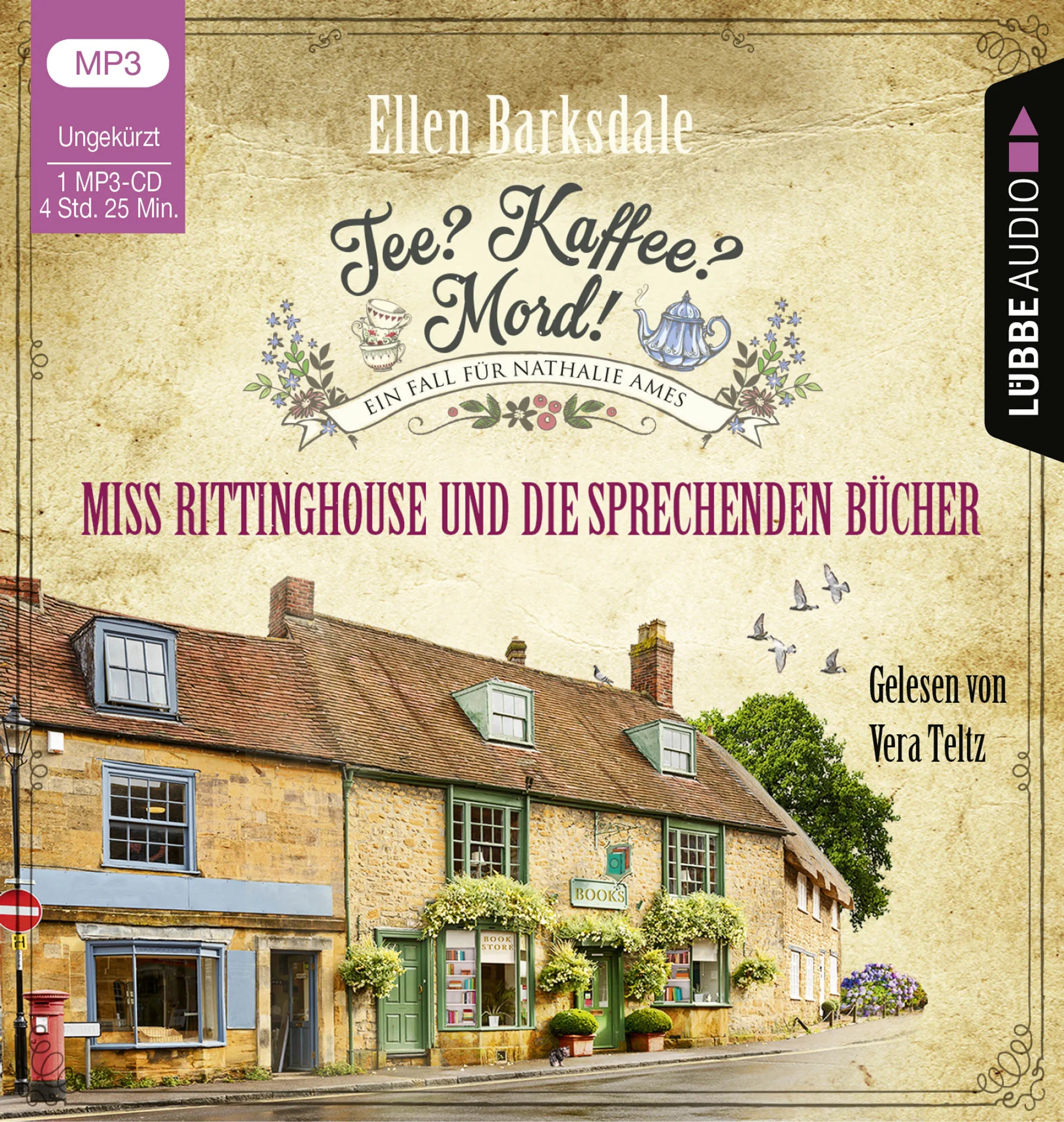 Buchcover von 'Tee? Kaffee? Mord! - Miss Rittinghouse und die sprechenden Bücher' - Hörbuch (CD) von Ellen Barksdale