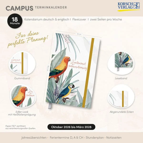 Terminkalender Campus Papagei 18 Monate 2027/2028 – Ansicht
