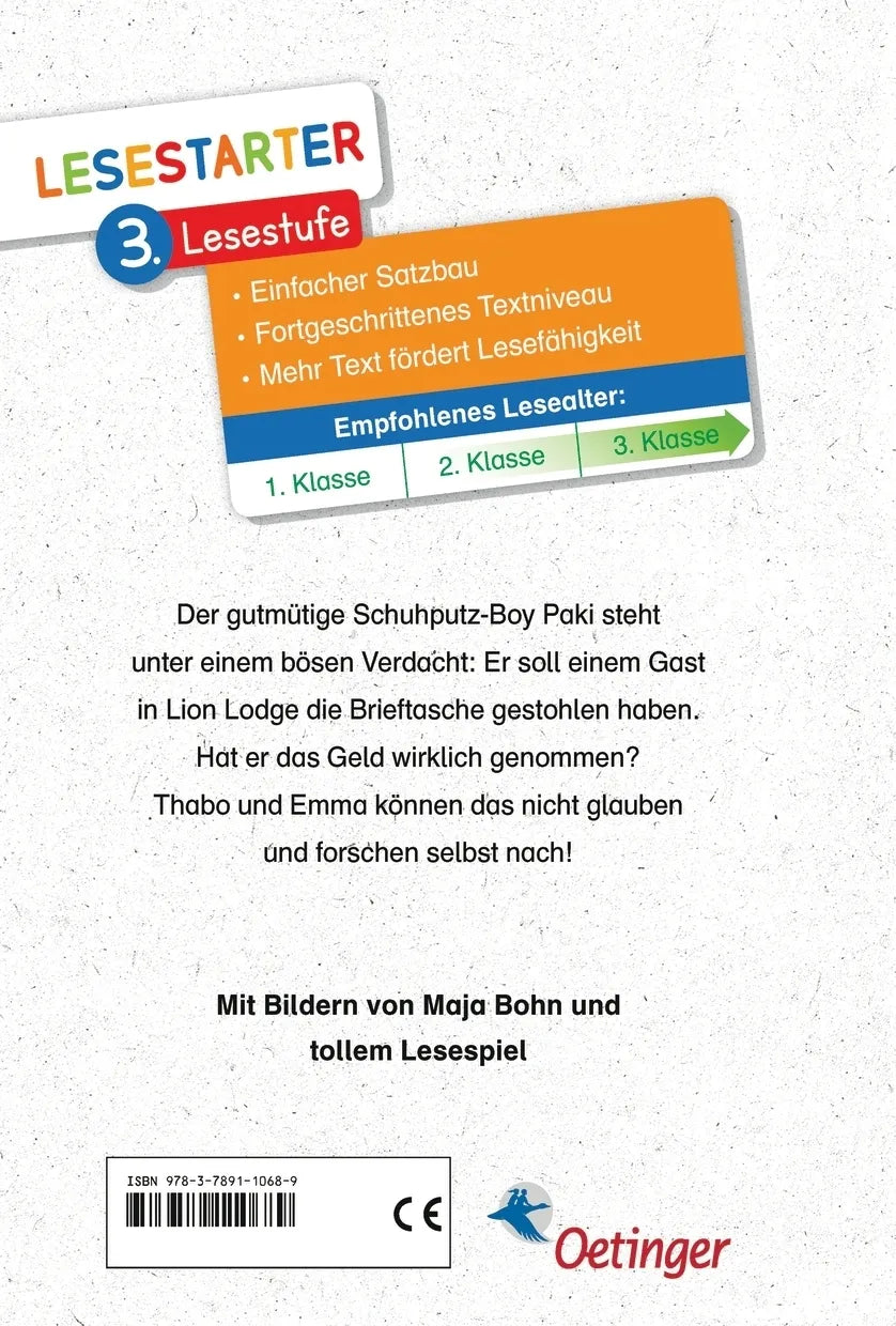 Buchrückseite von 'Thabo und Emma. Ein böser Verdacht' mit Klappentext - Gebundene Ausgabe