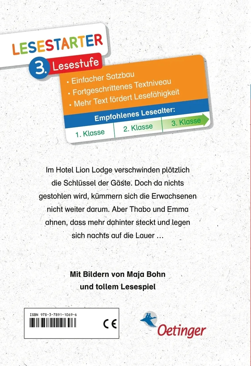 Buchrückseite von 'Thabo und Emma. Einbrecher in Lion Lodge' mit Klappentext - Gebundene Ausgabe
