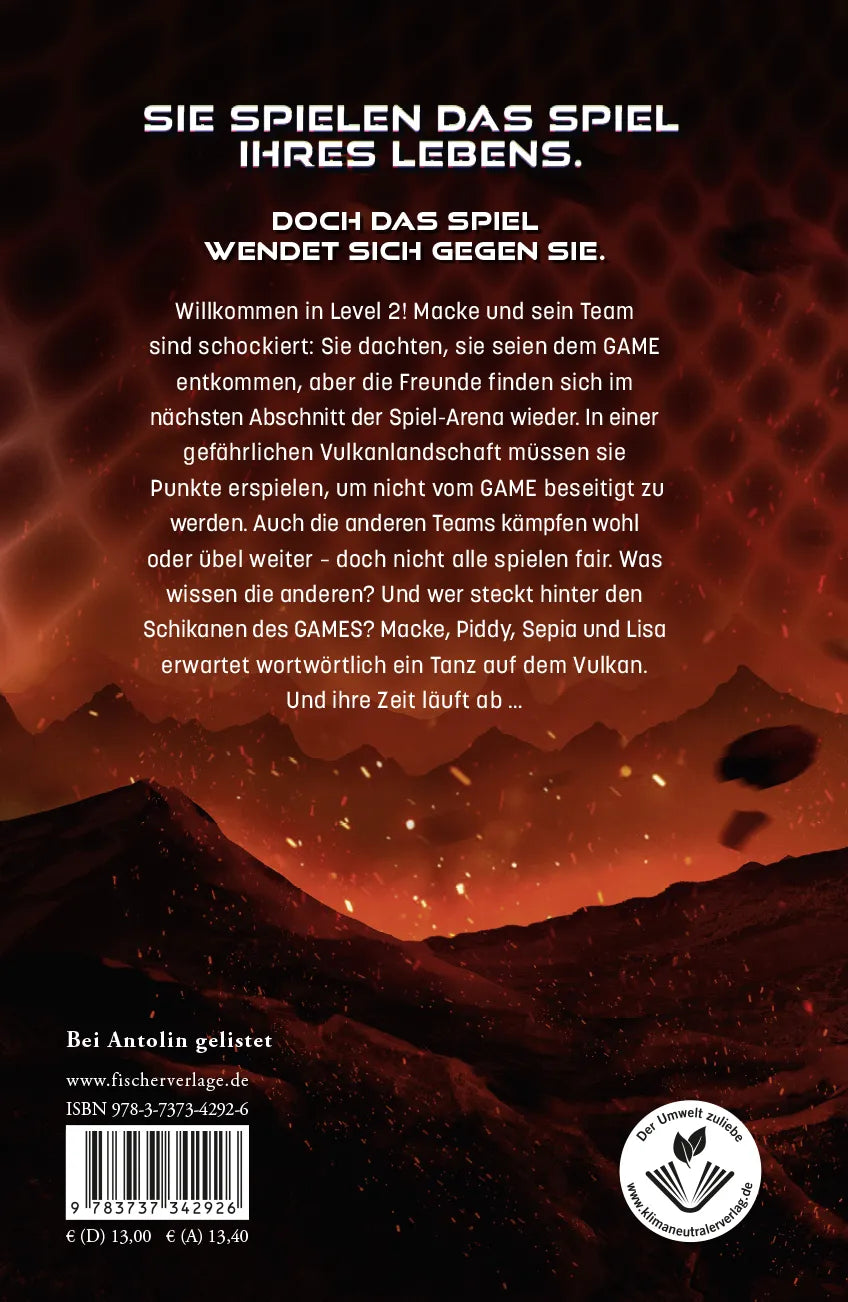 Buchrückseite von 'The Game – Countdown am Vulkan' mit Klappentext - Gebundene Ausgabe