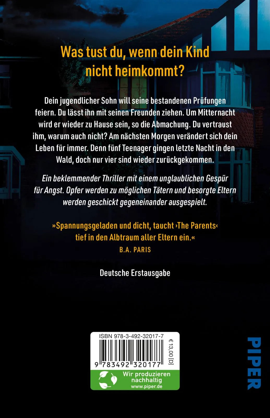 Buchrückseite von 'The Parents – Dein Kind ist weg. Dein schlimmster Albtraum beginnt.' mit Klappentext - Taschenbuch