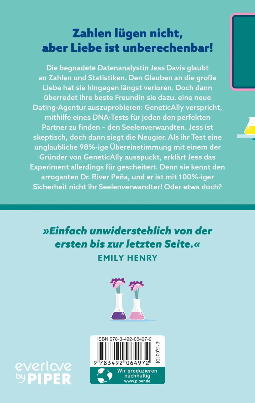 Buchrückseite von 'The Soulmate Equation – Sie glaubt an die Macht der Zahlen, bis er ihr Ergebnis ist' mit Klappentext - Paperback