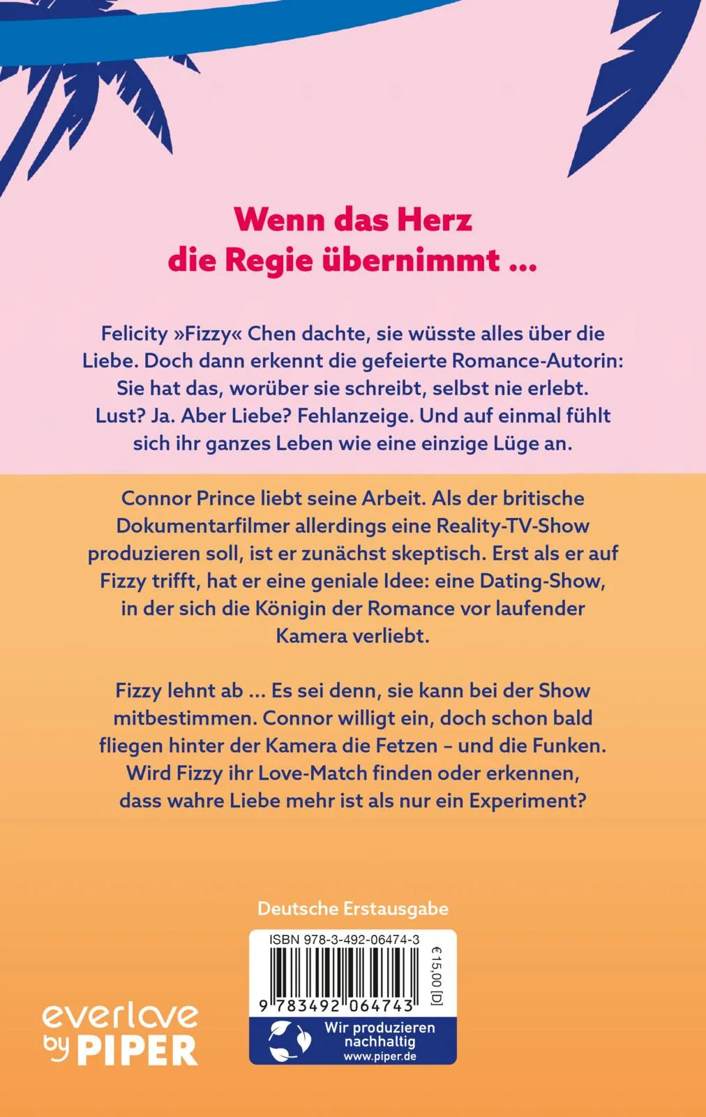 Buchrückseite von 'The True Love Experiment – Sie sucht im Fernsehen nach Mr Right, dabei steht er hinter der Kamera' mit Klappentext - Paperback