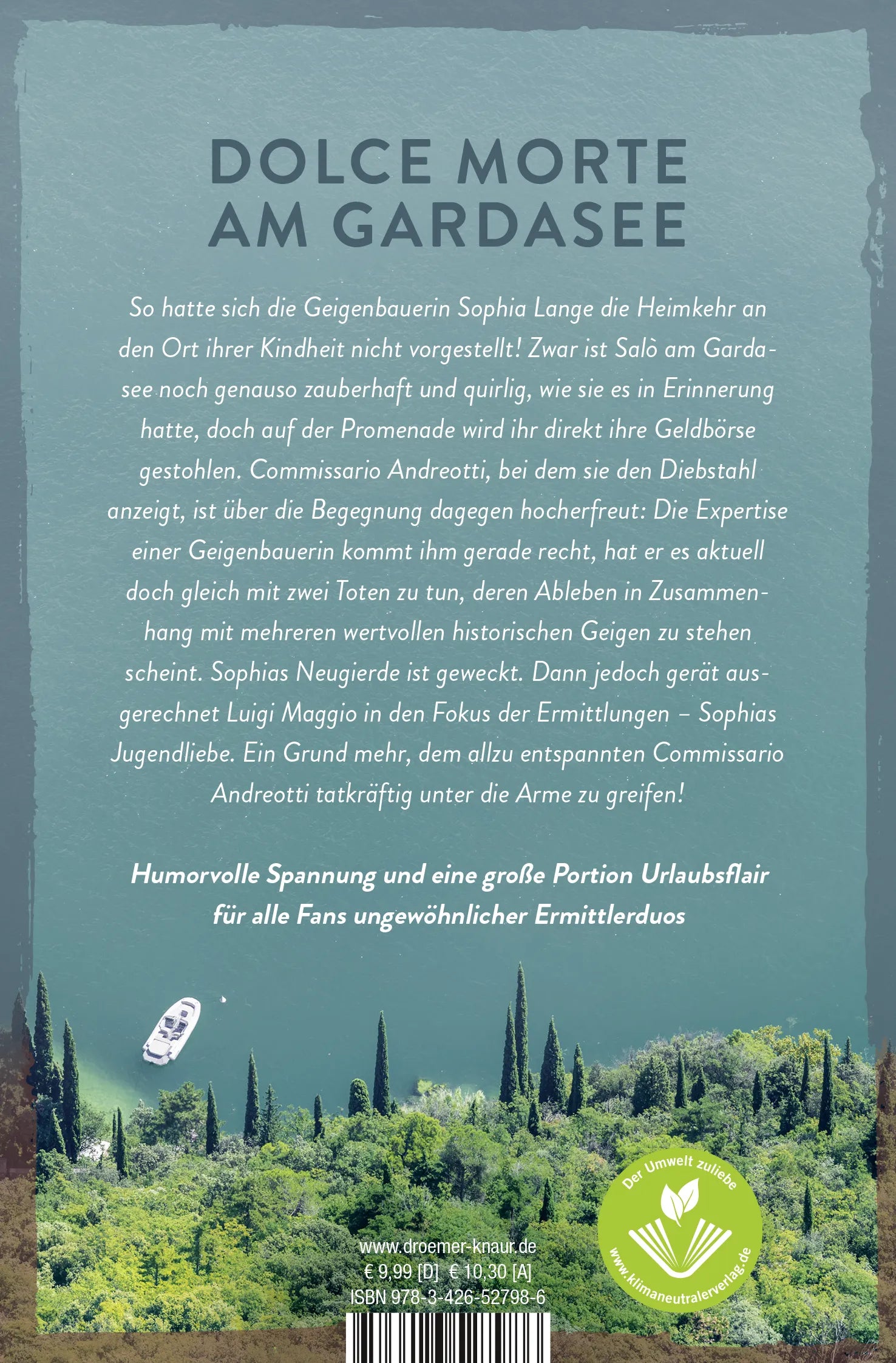 Buchrückseite von 'Tod im Olivenfass' mit Klappentext - Taschenbuch