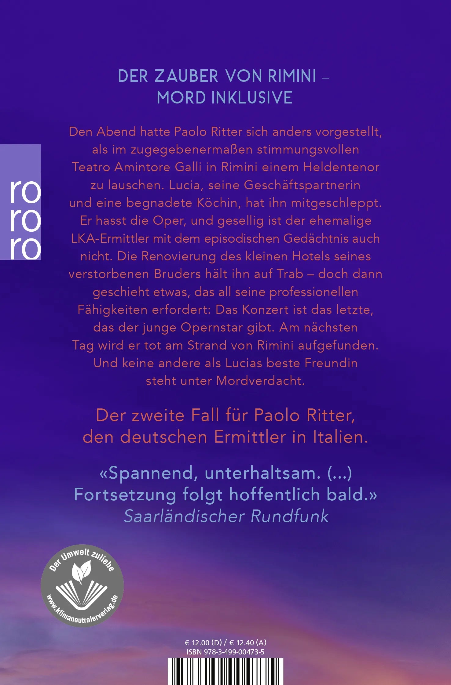 Buchrückseite von 'Tod in Rimini' mit Klappentext - Taschenbuch