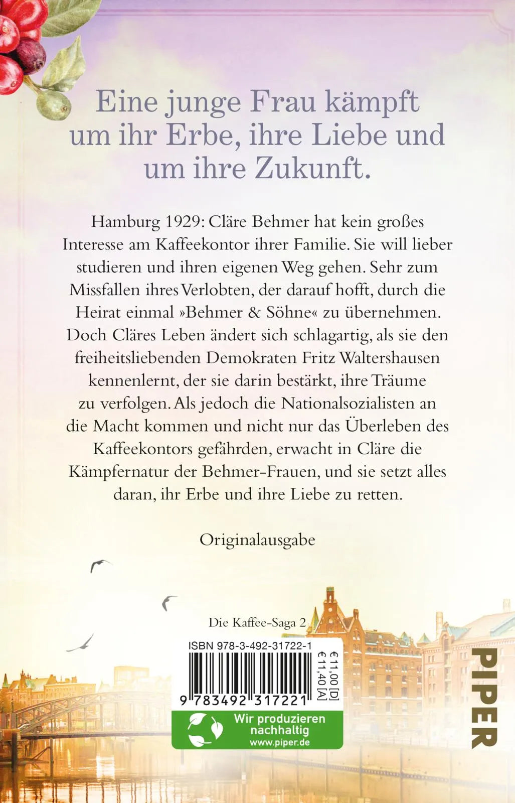 Buchrückseite von 'Töchter der Speicherstadt – Der Geschmack von Freiheit' mit Klappentext - Taschenbuch