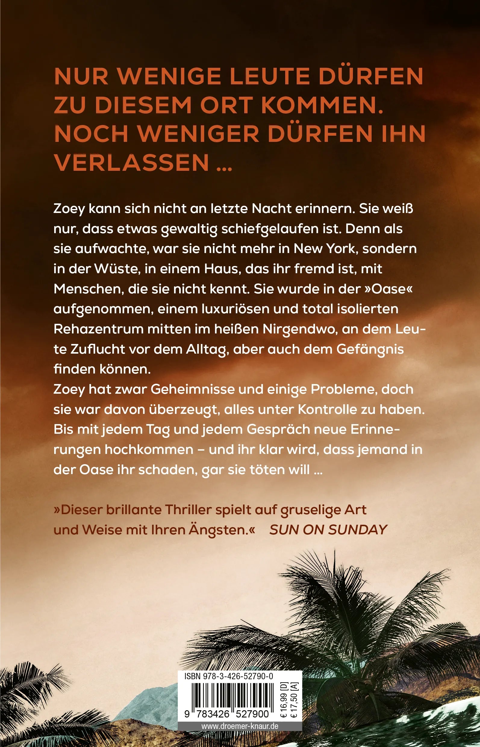 Buchrückseite von 'Tödliche Oase' mit Klappentext - Paperback