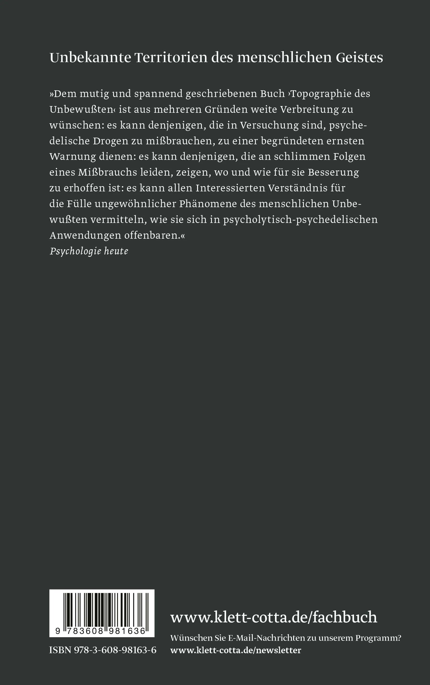 Buchrückseite von 'Topographie des Unbewussten' mit Klappentext - Paperback