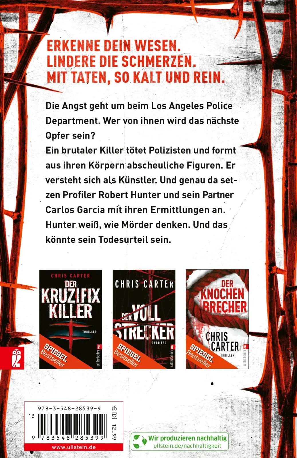 Buchrückseite von 'Totenkünstler' mit Klappentext - Taschenbuch