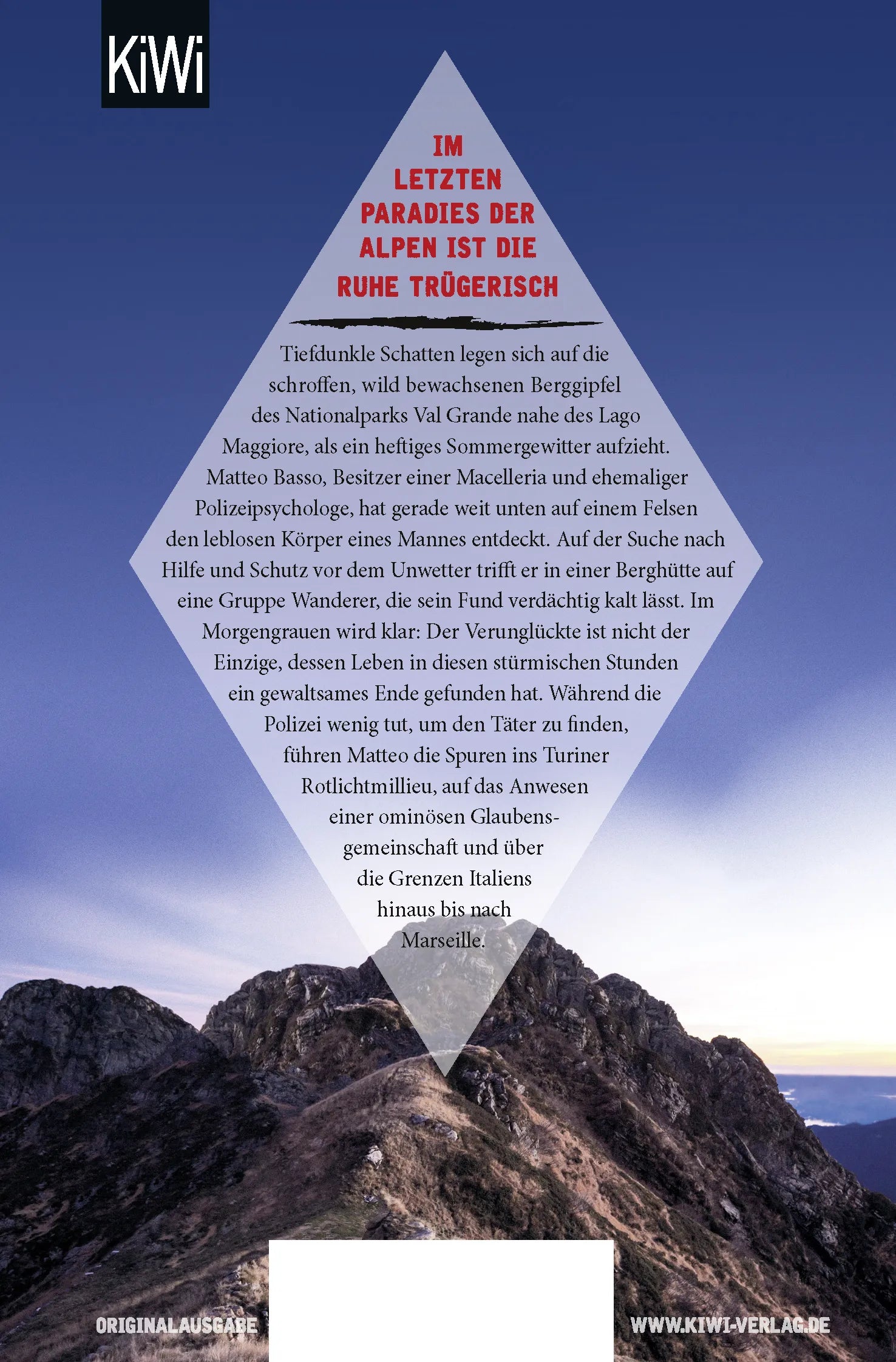 Buchrückseite von 'Totenstille über dem Lago Maggiore' mit Klappentext - Taschenbuch