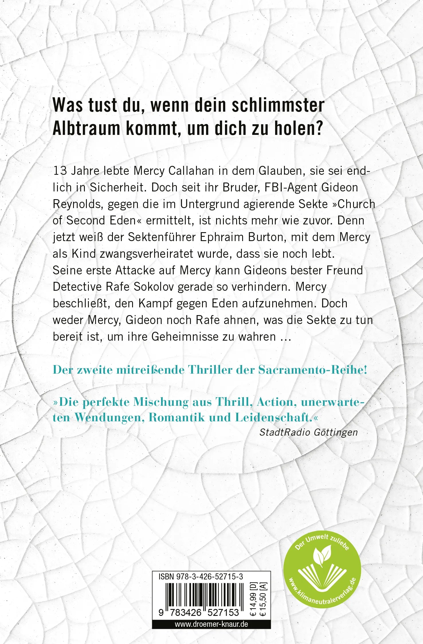 Buchrückseite von 'Tränenfluch' mit Klappentext - Taschenbuch