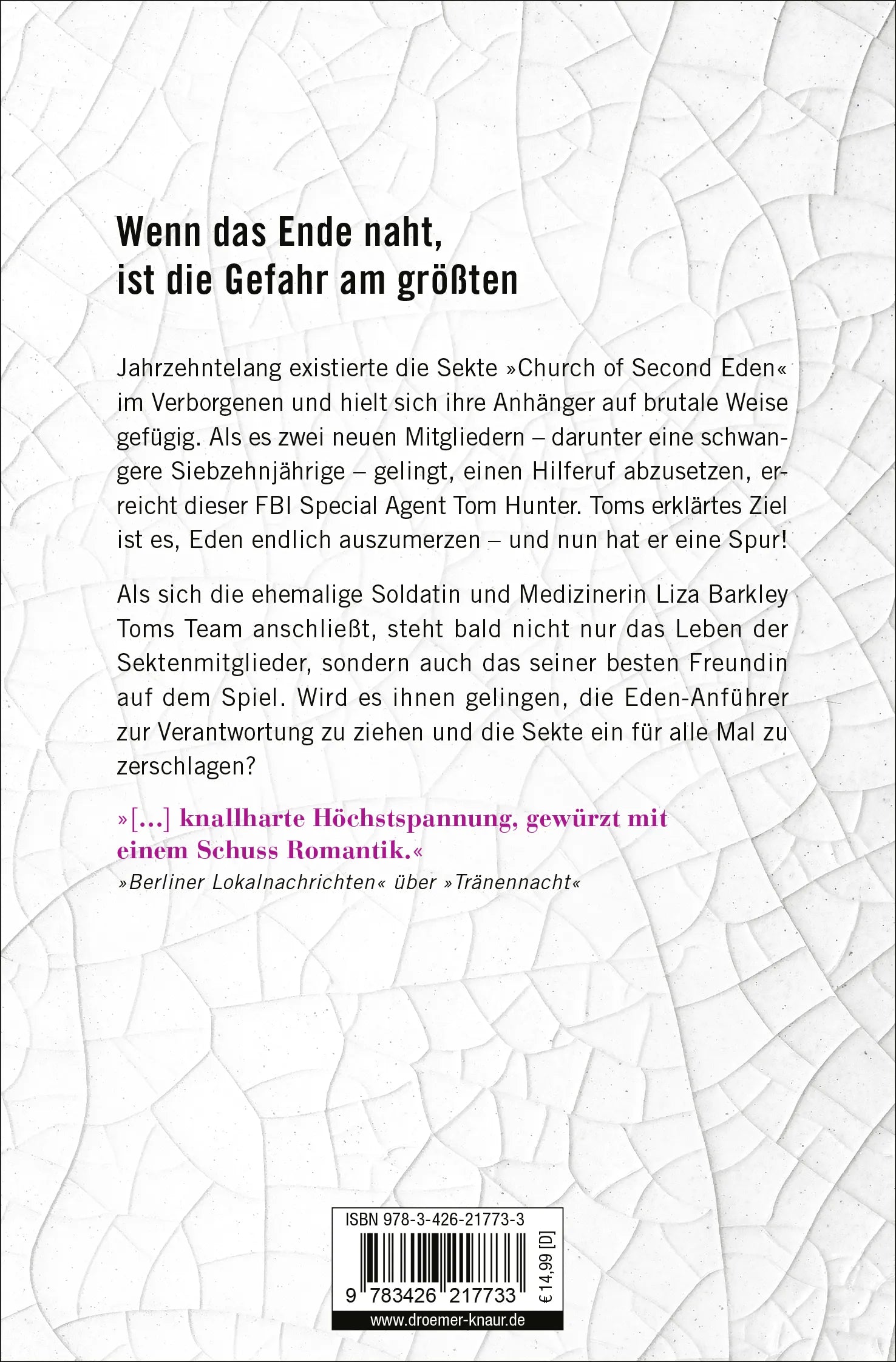 Buchrückseite von 'Tränenschwur' mit Klappentext - Taschenbuch