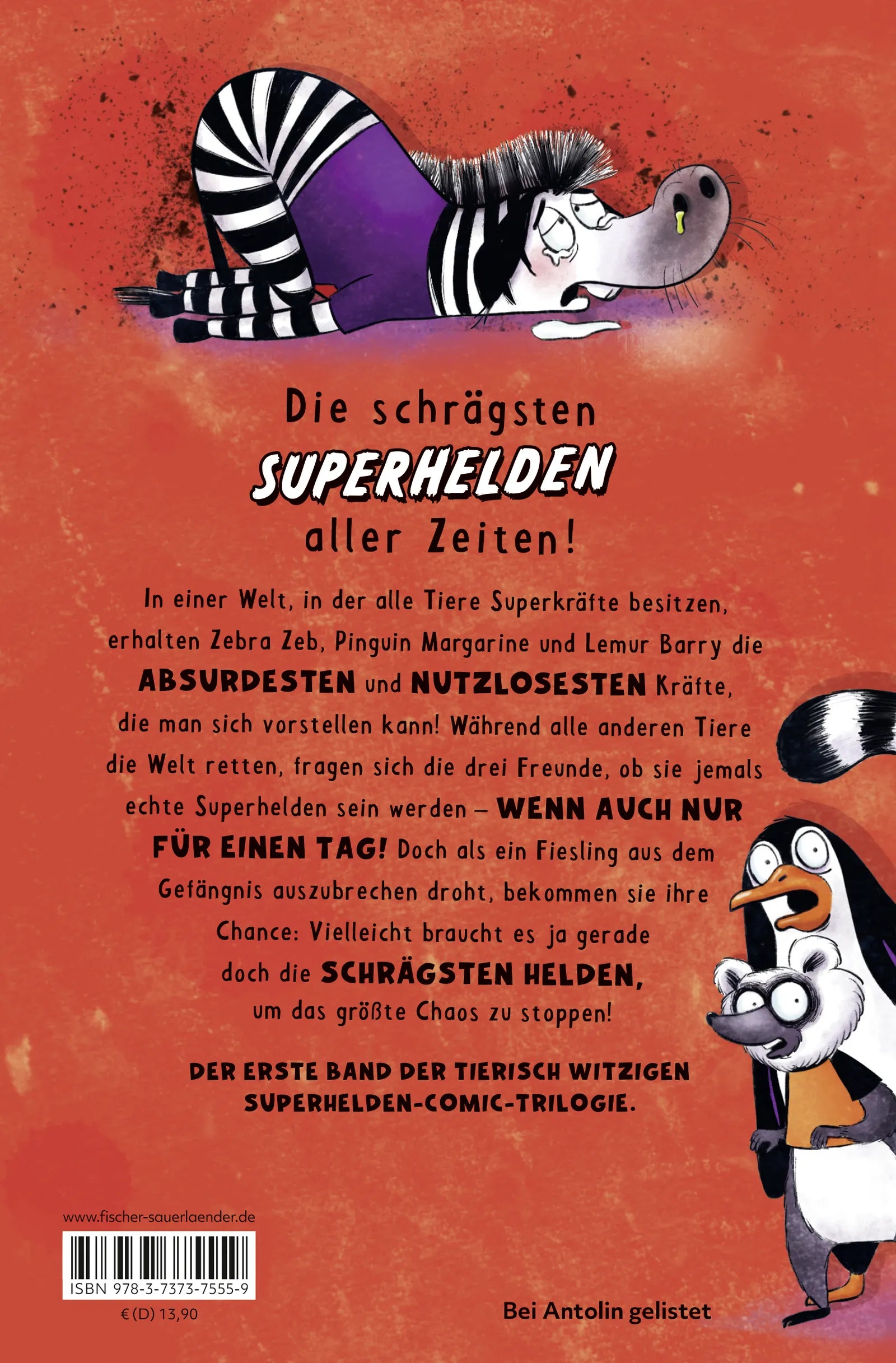 Buchrückseite von 'Trio total fatal: Superkräfte für die Tonne' mit Klappentext - Gebundene Ausgabe