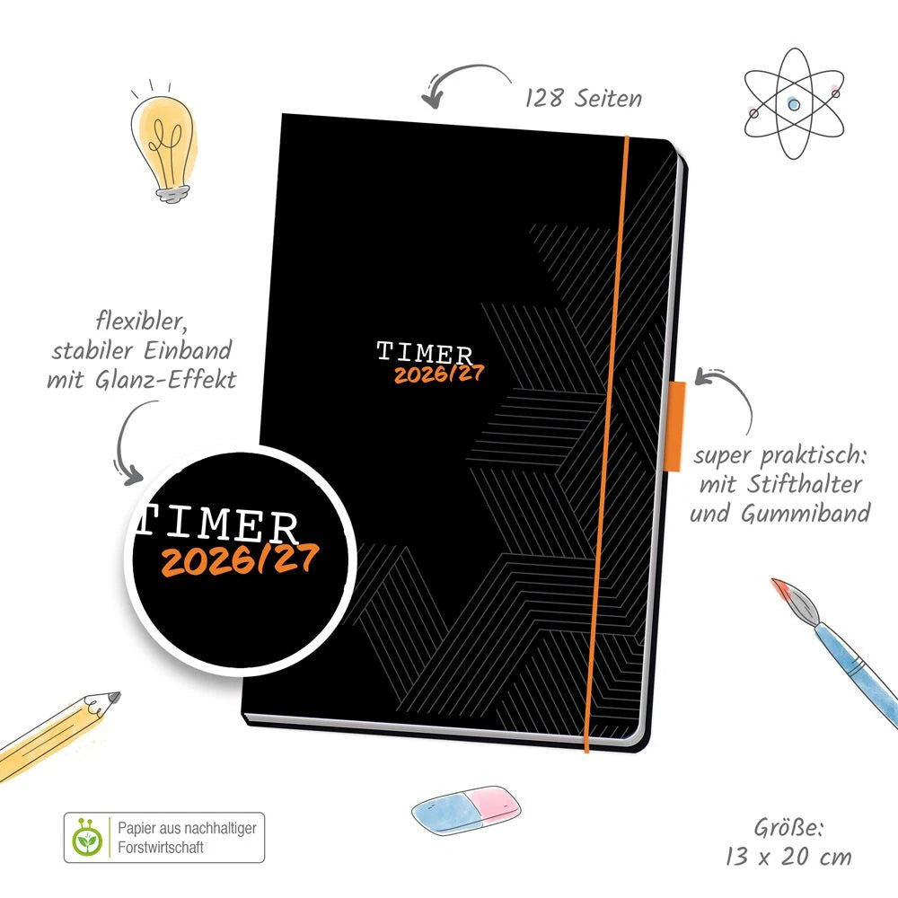 TRÖTSCH - Schülerkalender Specials mit Gummiband und Stifthalter Uni Black 26/27 – Ansicht