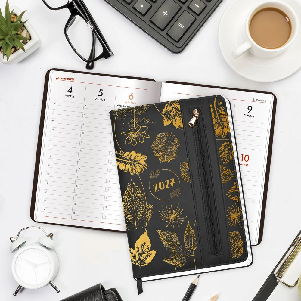 TRÖTSCH - Wochenplaner A5 mit Tasche Flowers black 2027 – Ansicht