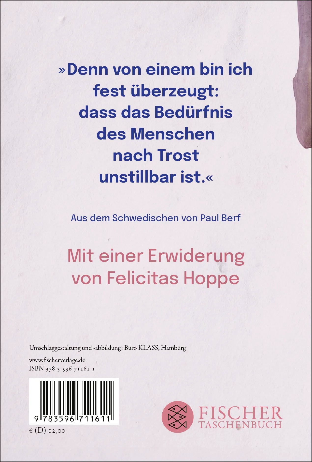 Buchrückseite von 'Trost' mit Klappentext - Gebundene Ausgabe