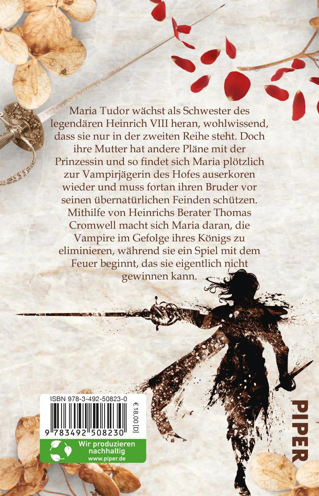 Buchrückseite von 'Tudor Blood – Queen of Thorns' mit Klappentext - Taschenbuch