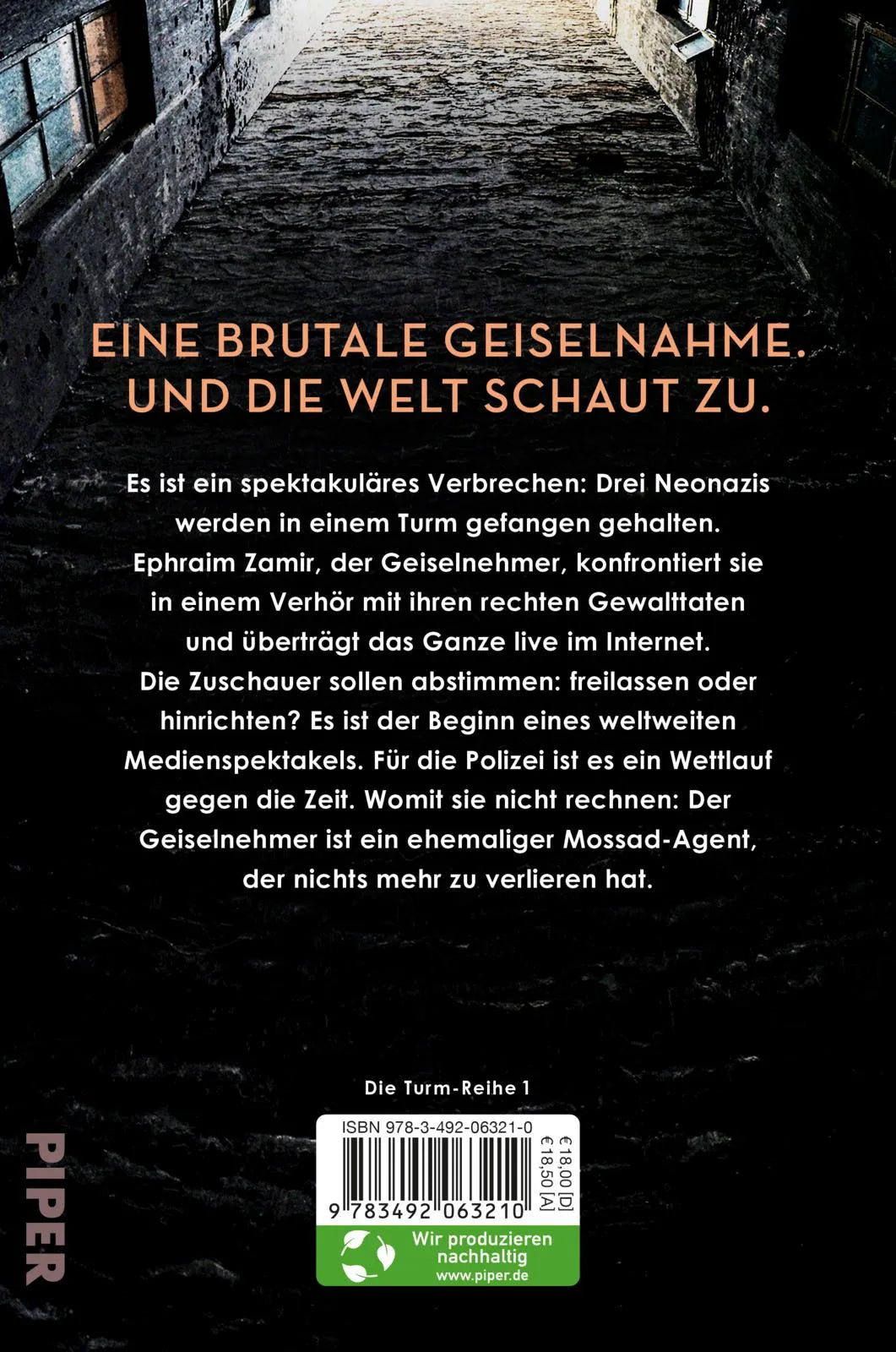 Buchrückseite von 'Turmschatten' mit Klappentext - Paperback