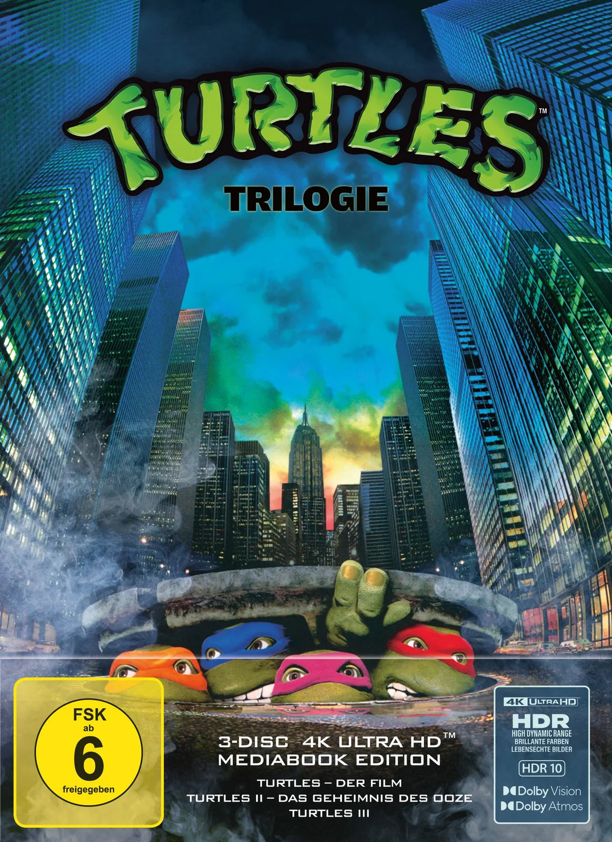 4K UHD Blu-ray-Cover: Turtles-Trilogie - 3-Disc Limited Mediabook. Regie: Steve Barron