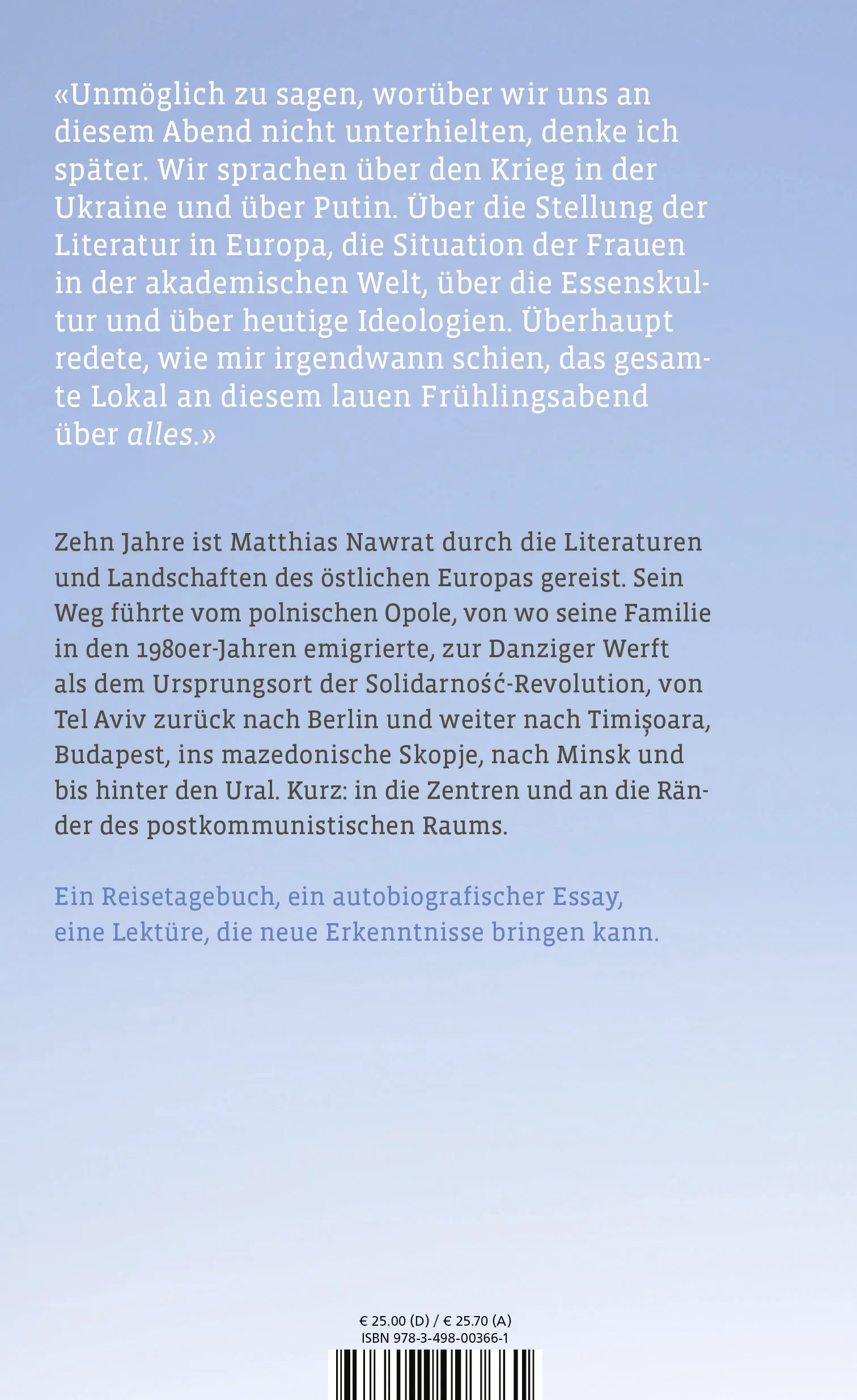 Buchrückseite von 'Über allem ein weiter Himmel' mit Klappentext - Gebundene Ausgabe