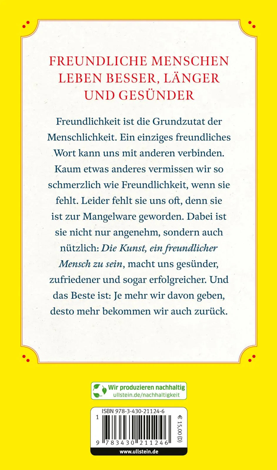 Buchrückseite von 'Über die Kunst, ein freundlicher Mensch zu sein' mit Klappentext - Gebundene Ausgabe