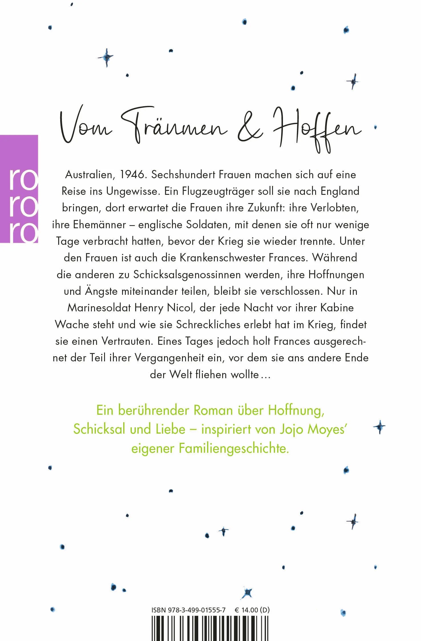 Buchrückseite von 'Über uns der Himmel, unter uns das Meer' mit Klappentext - Taschenbuch