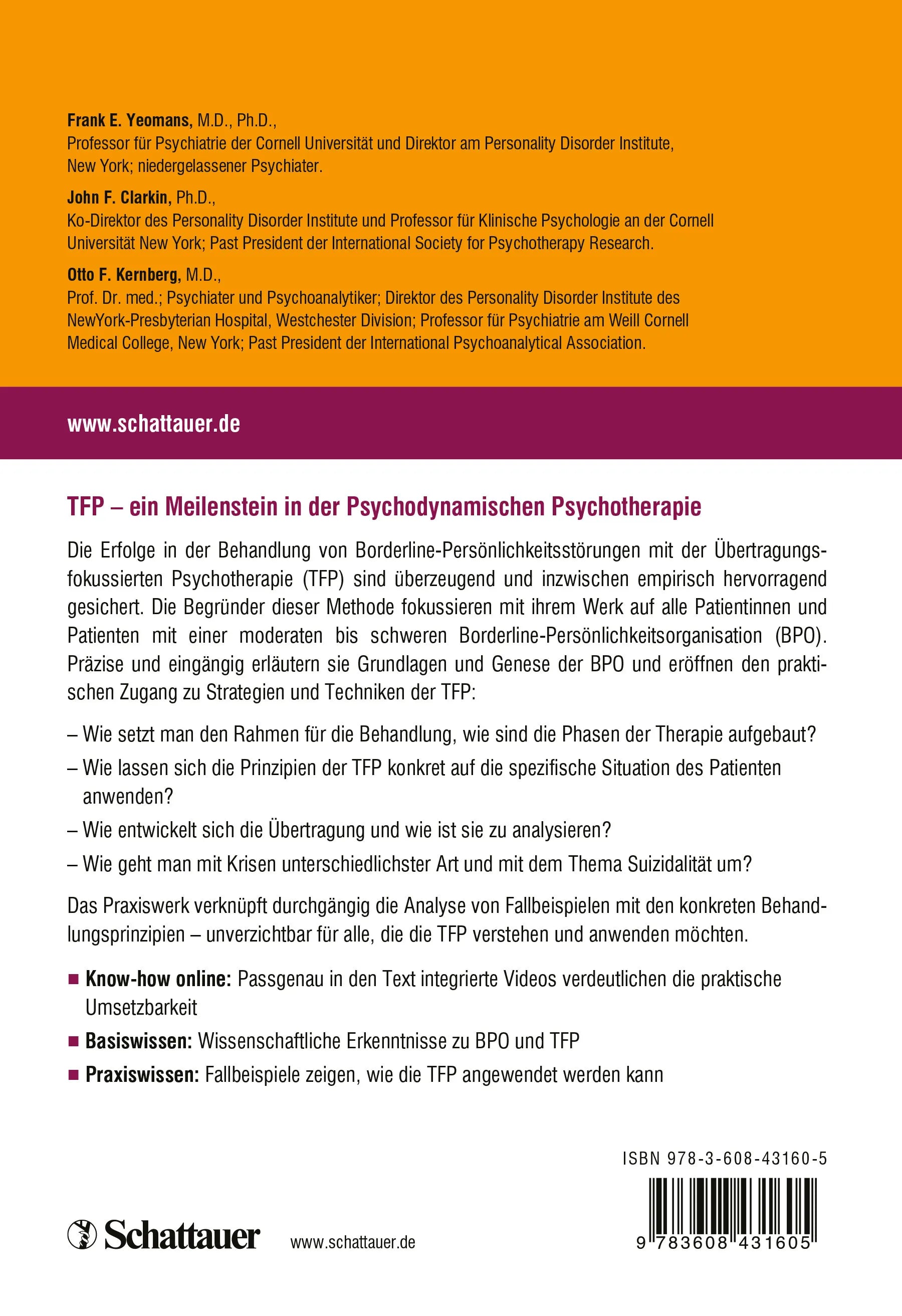 Buchrückseite von 'Übertragungsfokussierte Psychotherapie für Borderline-Patienten' mit Klappentext - Gebundene Ausgabe