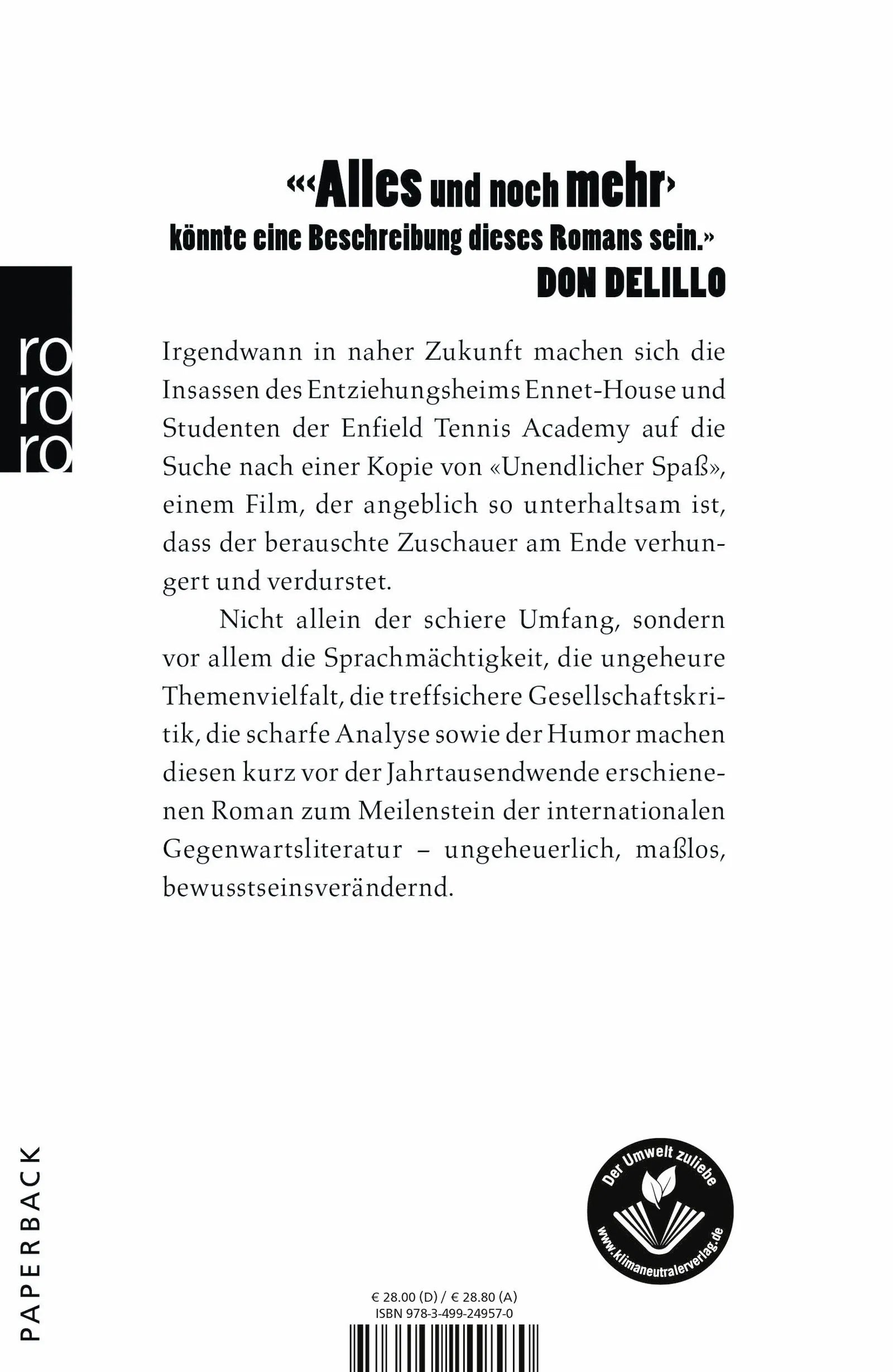 Buchrückseite von 'Unendlicher Spaß' mit Klappentext - Taschenbuch
