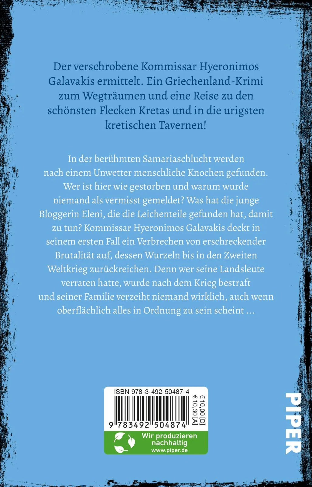 Buchrückseite von 'Unerbittliches Kreta' mit Klappentext - Taschenbuch