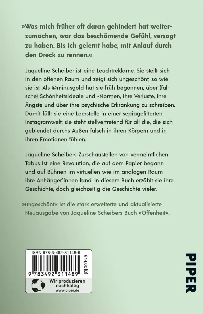 Buchrückseite von 'ungeschönt' mit Klappentext - Taschenbuch