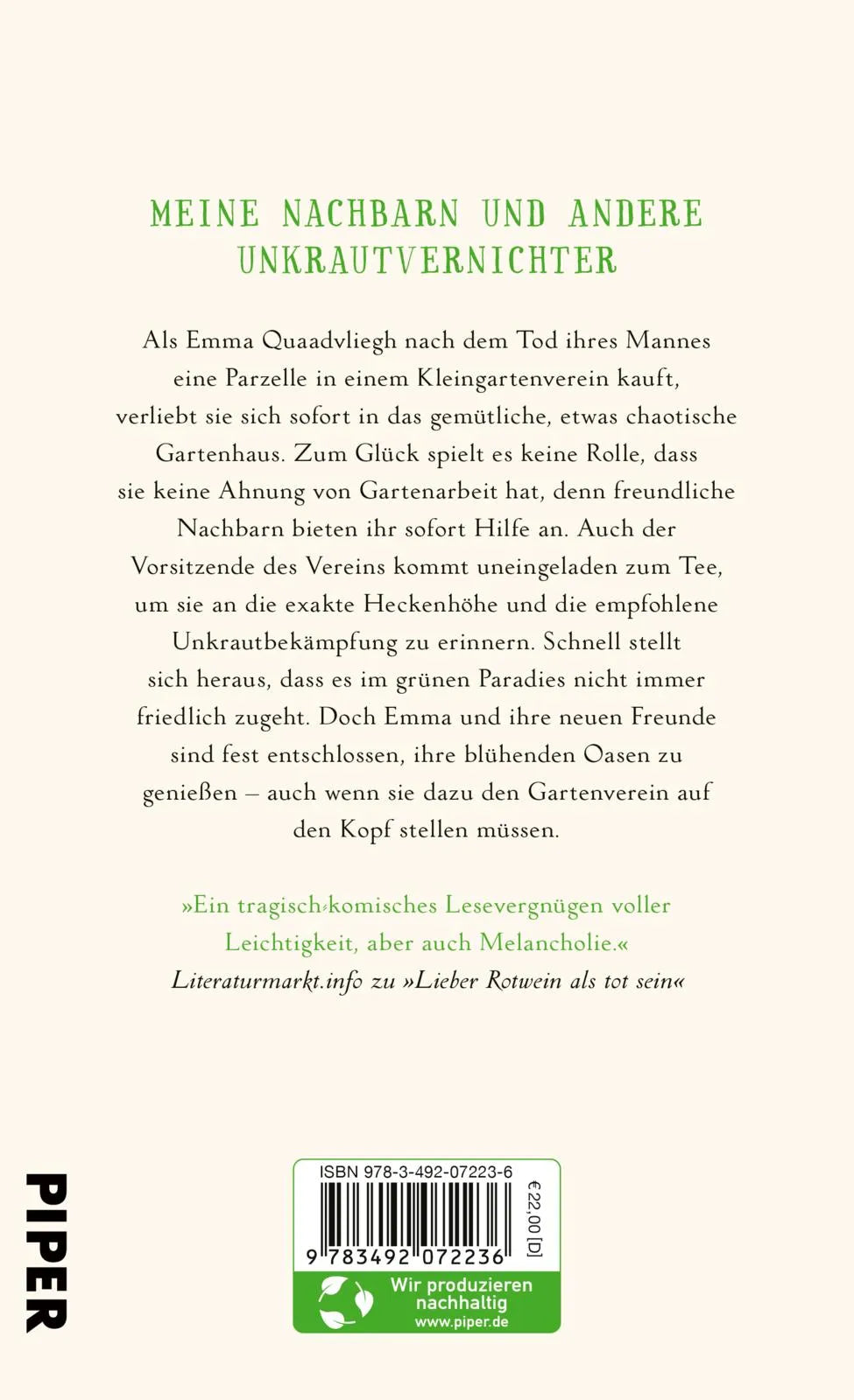Buchrückseite von 'Unkraut kommt selten allein' mit Klappentext - Gebundene Ausgabe