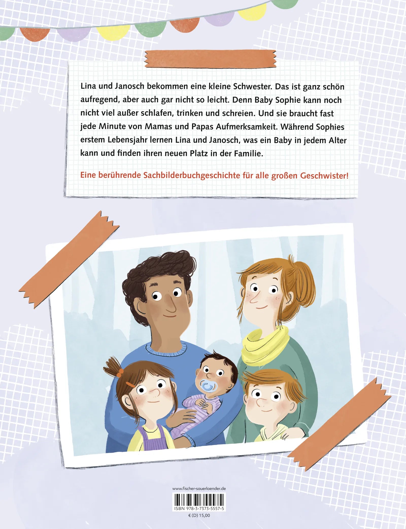 Buchrückseite von 'Unser Geschwisterchen ist da!' mit Klappentext - Gebundene Ausgabe