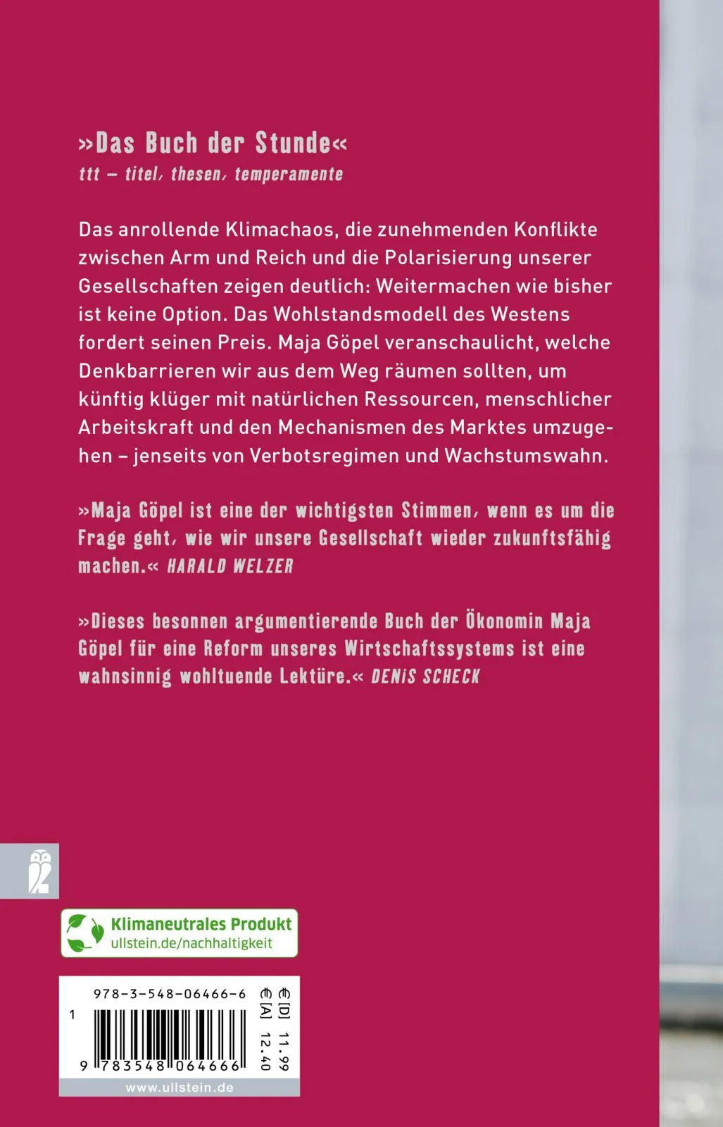 Buchrückseite von 'Unsere Welt neu denken' mit Klappentext - Taschenbuch