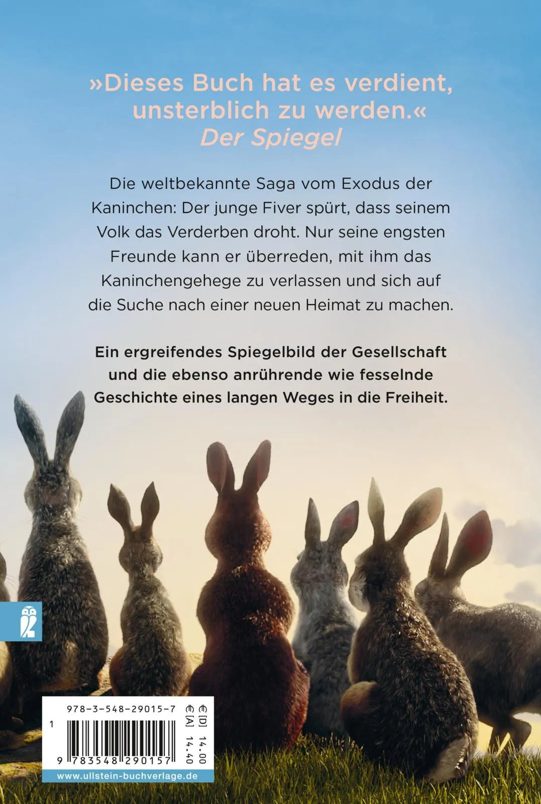Buchrückseite von 'Unten am Fluss - 'Watership Down'' mit Klappentext - Taschenbuch