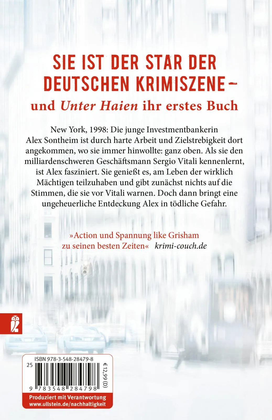 Buchrückseite von 'Unter Haien' mit Klappentext - Taschenbuch